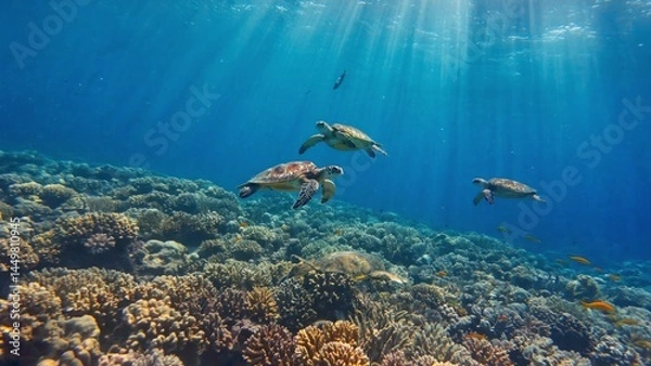 Fototapeta Sea turtles swimming through coral reef lit by sun rays from above Underwater