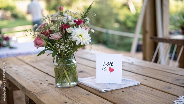 Obraz A message card about love placed next to fresh flowers.