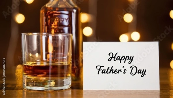 Obraz A glass and bottle of whiskey glow warmly beside a 'Happy Father's Day' card, bathed in soft bokeh lights-a sophisticated celebration of paternal appreciation