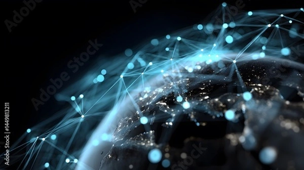 Fototapeta A glowing earth with a network of blue dots and lines connecting over a dark background space view