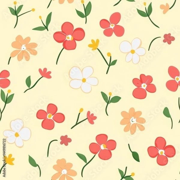 Fototapeta Colorful Floral Pattern on Light Background with Red, Peach, and White Flowers.