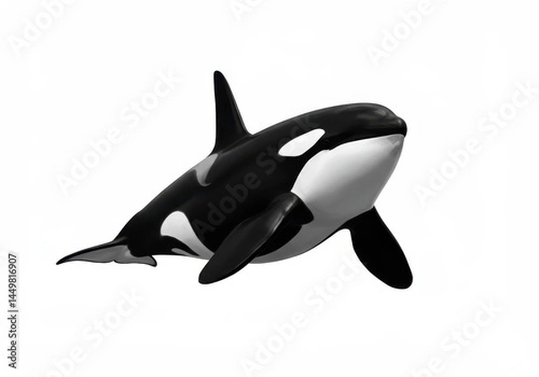 Fototapeta Killer whale swimming with black and white markings on a white background in a studio shot
