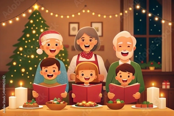 Fototapeta Multi-generational family enjoying stories and laughter during a Christmas dinner. Parents and children singing carols, dancing around the table, and celebrating together.