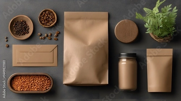 Fototapeta Top view of brown packaging materials and food items arranged on a dark gray surface neatly displayed