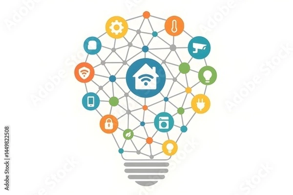 Fototapeta Smart Home Network with Light Bulb Icon and IoT Symbols in Clean Infographic Style