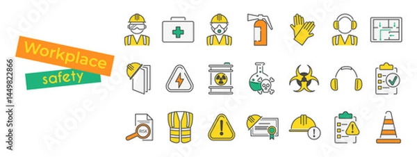 Fototapeta Set of vector safety icons in yellow and green colors. Health and safety topics in the workplace. Includes accident prevention, industrial protection and work related hazards in a modern flat style.
