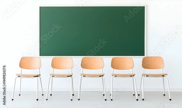 Fototapeta Empty Classroom with Wooden Chairs and Green Chalkboard