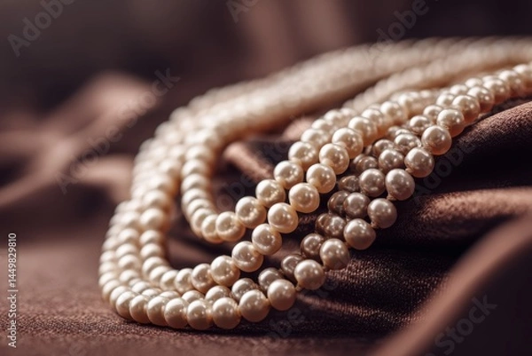 Fototapeta Elegant pearl necklaces draped on luxurious brown satin fabric, showcasing timeless beauty and classic style with soft lighting and smooth textures for a sophisticated look.