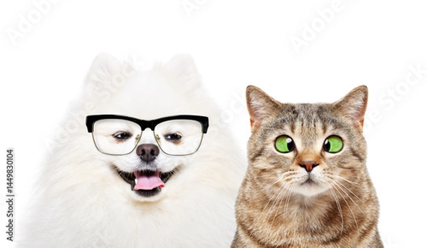 Fototapeta Portrait of a funny Pomeranian Spitz looking away wearing glasses and a cross-eyed Scottish Straight catisolated on a white background
