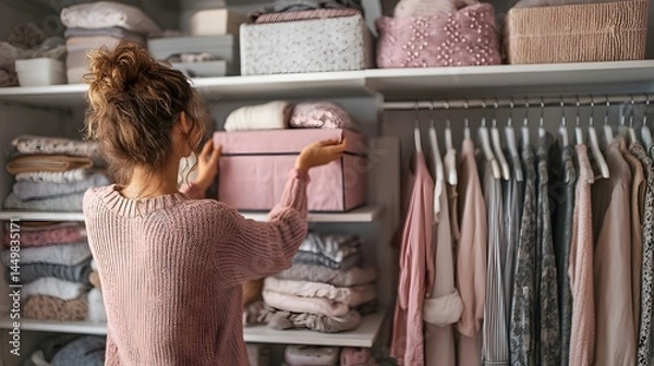 Fototapeta Woman organizing closet with folded clothes hanging garments and storage boxes on shelves in wardrobe
