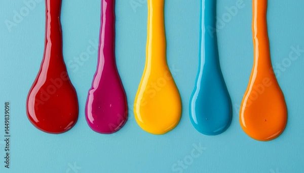 Fototapeta Colorful paint drips in vibrant shades of red, purple, yellow, and blue create visually striking composition on blue background