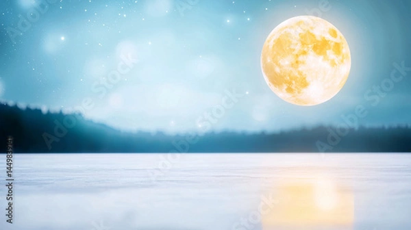 Fototapeta serene night scene featuring bright full moon illuminating calm lake, surrounded by misty landscape. soft glow of moon reflects on water, creating tranquil atmosphere