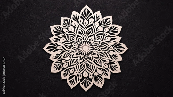 Fototapeta Intricate paper cut design featuring floral mandala pattern, showcasing delicate leaves and petals against dark background, creating striking