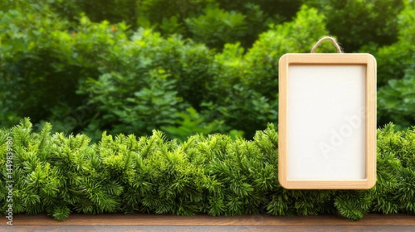 Fototapeta blank wooden frame is displayed against lush green background, surrounded by vibrant foliage. This serene setting evokes sense of tranquility and nature beauty