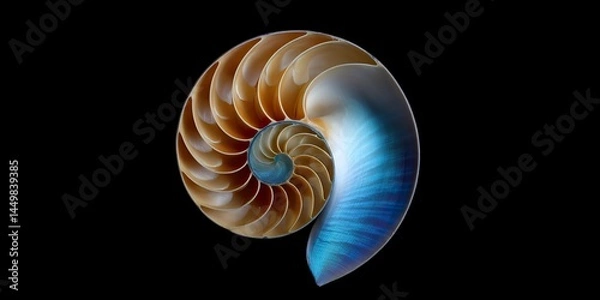 Fototapeta Vibrant Nautilus Shell on Black Background Marine Life Wonders Seashell Art Natural Geometry Spiraling Patterns Oceanic Treasures Mollusk Beauty Undersea World
