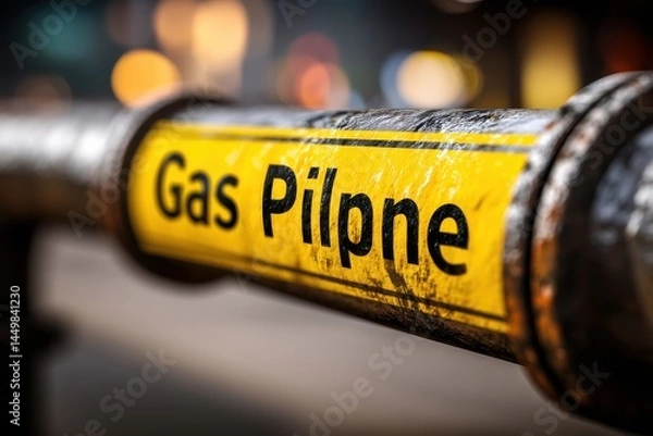 Fototapeta Close-up of a yellow gas pipeline with the words "Gas Pilpne" printed on it, showing the importance of gas pipelines in transporting natural resources.