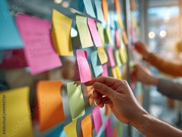 Fototapeta Close-up of colorful Post-it notes on a glass board, modern collaborative workspace, blurred background, multicultural hands,  soft tones, creative thinking moment, minimalist context.