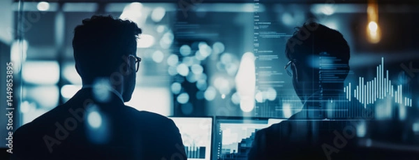 Fototapeta Business professionals analyzing data on computer screens in office