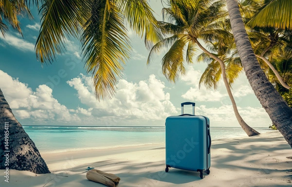 Fototapeta Luggage on pristine beach under swaying palm trees by ocean