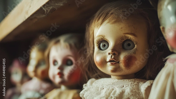 Fototapeta Close-up of vintage dolls with eerie expressions on shelf