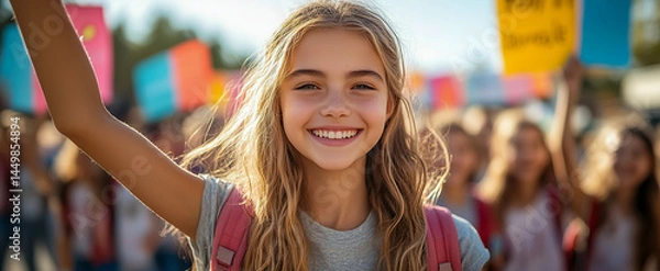 Fototapeta Joyful girl smiling and participating in a protest rally