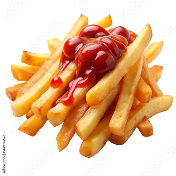 Fototapeta French fries with drizzling ketchup isolated on transparent background