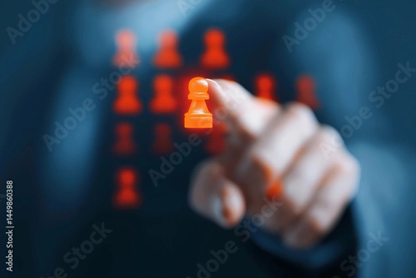 Fototapeta A person points at a glowing chess pawn icon among abstract red human figures, symbolizing strategy and decision-making.