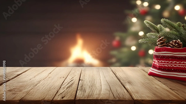 Fototapeta Christmas background with a blurred gift box placed on a wooden surface, creating a warm and festive holiday atmosphere with soft bokeh lights in the background.
