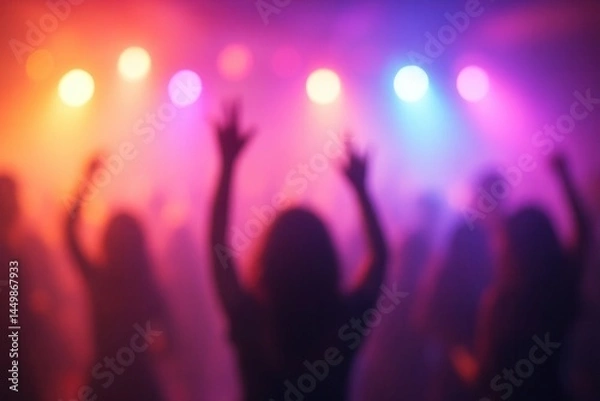 Fototapeta People dancing and raising hands at blurry concert with colorful lights
