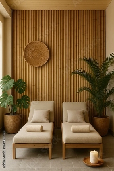 Fototapeta Relaxing spa room with bamboo wall and chaise lounges promoting wellness and tranquility