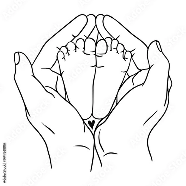 Obraz Baby feet in hands, handdrawn vector illustration