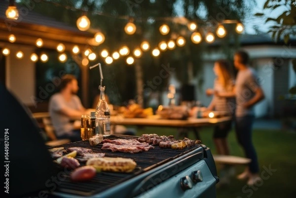 Fototapeta Friends gathering for barbecue under striking lights backyard setting evening feast relaxed atmosphere enjoying grilling and socializing together