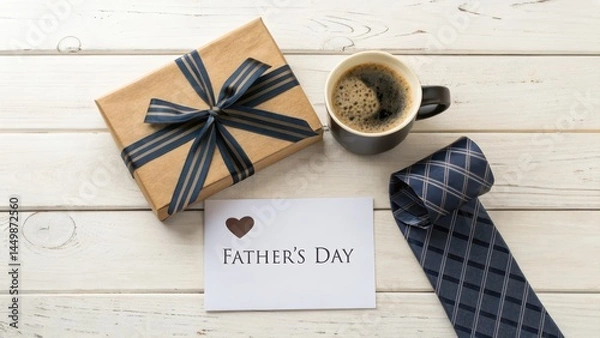 Obraz Flat lay of a Father's Day gift box featuring a tie and greeting card for celebration.