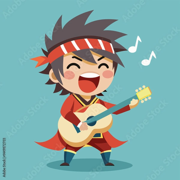 Fototapeta Discover our adorable samurai boy, strumming a guitar and singing with passion in this charming mascot illustration! This playful design blends the traditional attire of a samurai with the modern flai