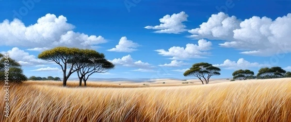 Obraz Vast savanna landscape with tall golden grass, scattered acacia trees, and a bright blue sky filled with fluffy white clouds.