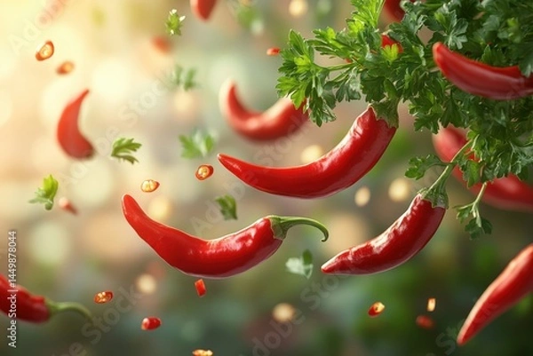 Obraz Floating red chilies and fresh cilantro natural culinary inspiration