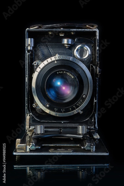 Fototapeta Vintage folded camera showcasing intricate lens details and craftsmanship in a studio setting