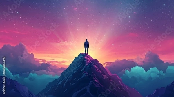 Fototapeta Flat style vector of a person standing on a mountain holding a compass, soft pastel sky and light rays in background Leadership and Personal Effectiveness Productivity, Planning and Habit Mastery