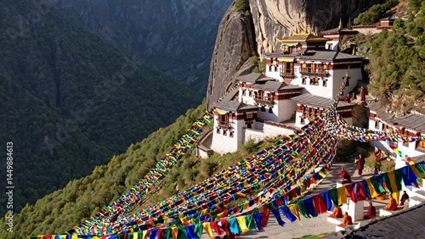 Fototapeta Colorful prayer flags decorating the hillside of taktsang monastery in paro valley, bhutan, as monks gather in celebration, highlight the vibrant spirituality against the himalayan backdrop
