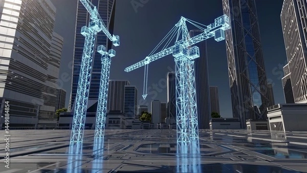 Fototapeta Holographic cranes are building a futuristic cityscape with a digital overlay, symbolizing the integration of construction and technology in urban development