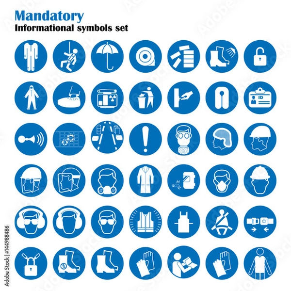 Obraz Set of safety and health protection signs. Mandatory construction and industry signs. Collection of safety equipment. Protection on work. Vector illustration