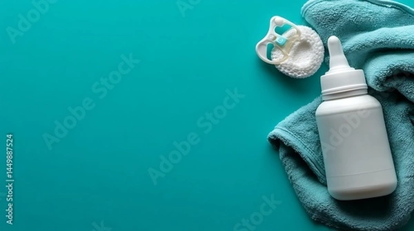 Fototapeta Baby Essentials: Bottle, Pacifier, and Towel on Teal Background