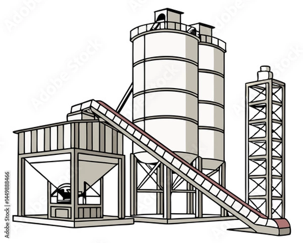 Obraz Vector illustration of a cement manufacturing plant with silos and conveyor belts, isolated on white background.
