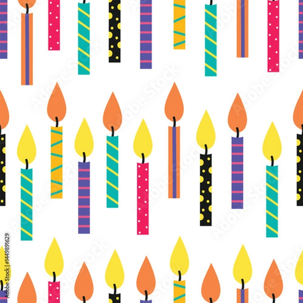 Fototapeta Birthday cake candles with fire flame. Small wax sticks with burning wick isolated on white background. Seamless pattern of candles for holiday party.