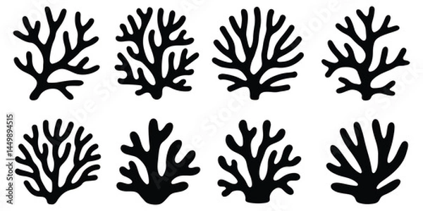 Fototapeta Seaweed silhouette. Aquarium plants, underwater ocean flora, and algae. Coral seaweed silhouette. Set of sea corals and seaweed silhouettes on a white background.