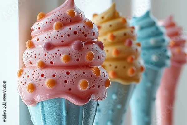 Fototapeta Colorful pastel soft serve ice cream cone with bubbles  a playful confectionery delight