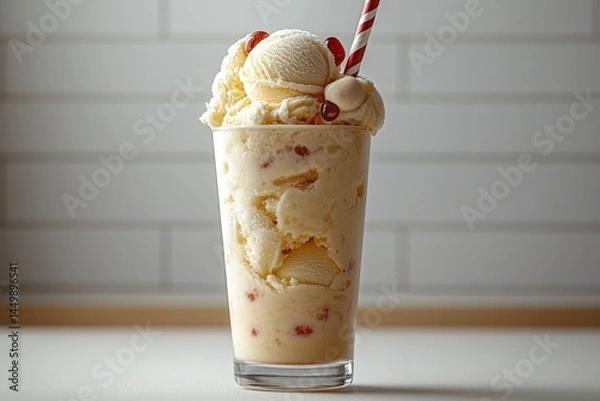 Fototapeta Creamy vanilla ice cream dessert in glass with straw and berries on white background