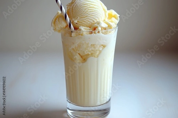 Fototapeta Delicious vanilla milkshake with ice cream scoop and striped straw against soft background