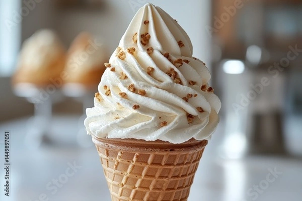 Fototapeta Delicious vanilla soft serve ice cream cone with crunchy toppings in a crisp waffle cone