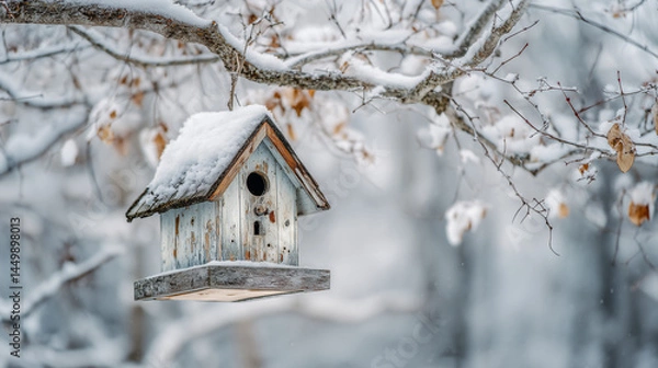 Fototapeta  A charming wooden birdhouse perched on a snow-laden branch in a wintery forest. This charming vignette depicts a sense of serenity and tranquility.
